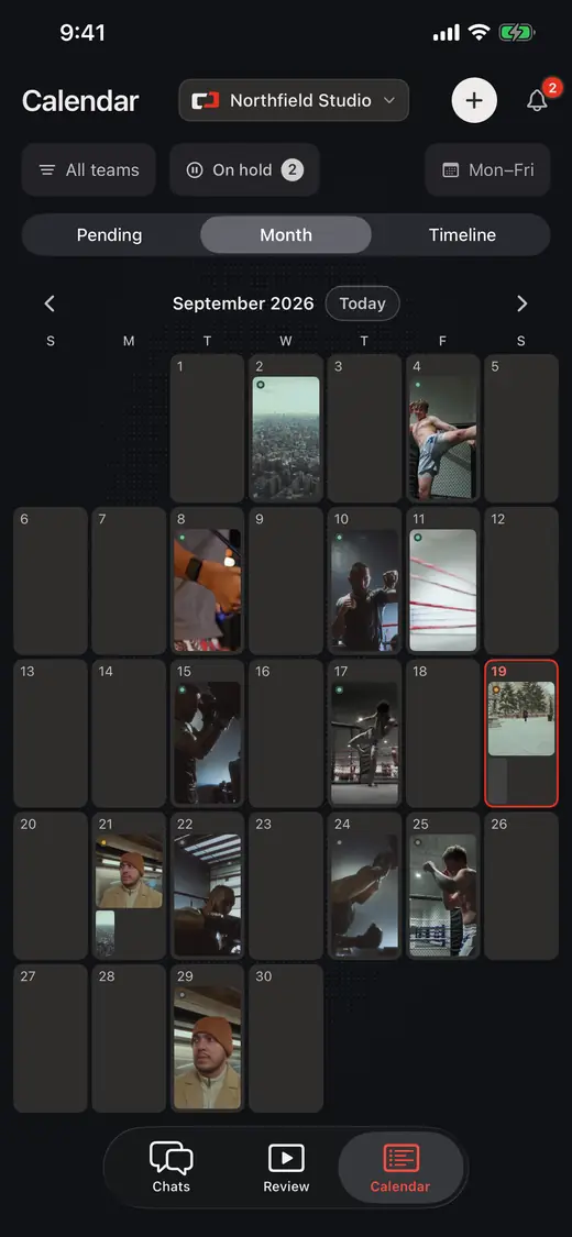 Proofbin calendar on iPhone with jobs shown on their days for the month