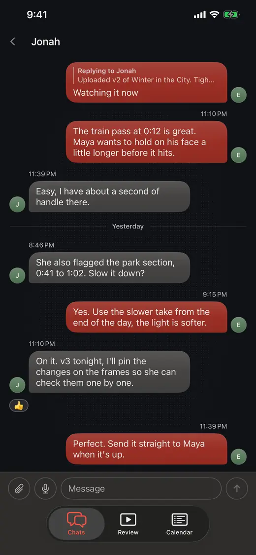 Proofbin chat on iPhone where an editor and the studio discuss notes on version 2 of a cut
