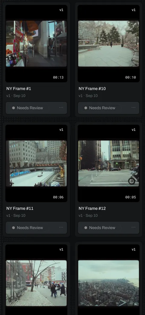 A client portal on a phone showing a grid of cuts, each with its version and review status